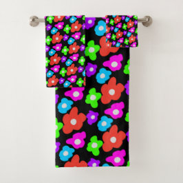 Conjunto De Toalhas Padrão das flores coloridas do arco-íris preto ret
