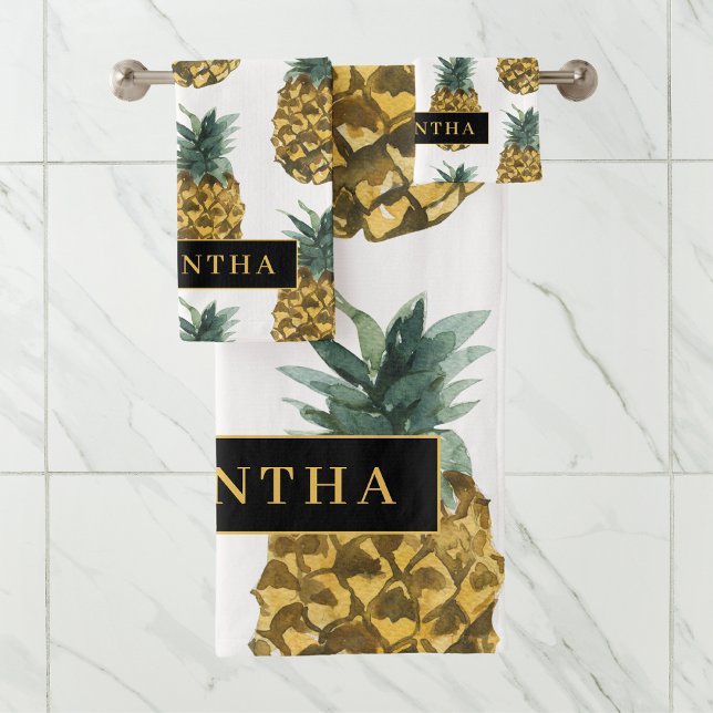 Conjunto De Toalhas Padrão De Abacaxi De Aquarela Tropical Com Nome (Criador carregado)