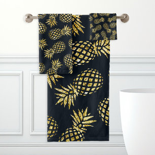 Conjunto De Toalhas Padrão de Abacaxi Dourado Azul Marinho