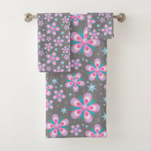 Conjunto De Toalhas Padrão de Abstrato de Flor Retro-Rosa e Turquesa