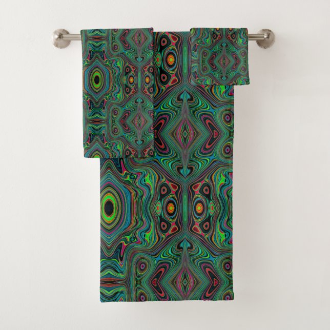 Conjunto De Toalhas Padrão de Abstrato do Trippy Retro Black e do Verd (Insitu)