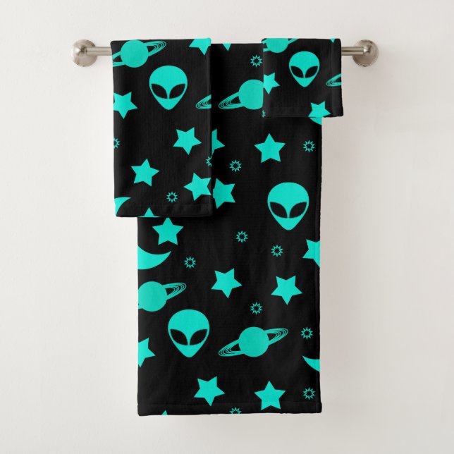 Conjunto De Toalhas Padrão de Alien Turquesa com Estrelas e Luas (Insitu)