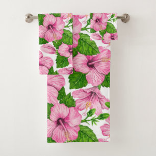 Conjunto De Toalhas Padrão de aquarela de hibisco rosa
