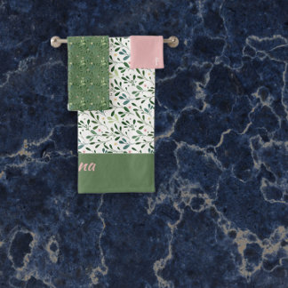 Conjunto De Toalhas Padrão de aquarela nome verde folha cor-de-rosa