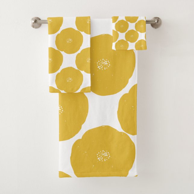 Conjunto De Toalhas Padrão de Arte Floral Retrópica em Amarelo e Branc (Insitu)