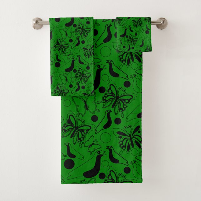 Conjunto De Toalhas Padrão de Aves da Borboleta Verde Escuro (Insitu)