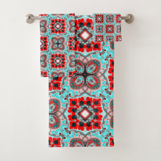 Conjunto De Toalhas Padrão de Azulejo Aqua e Vermelho