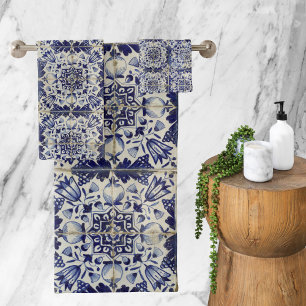 Conjunto De Toalhas Padrão de Azulejo Branco Geométrico Azul Vintage
