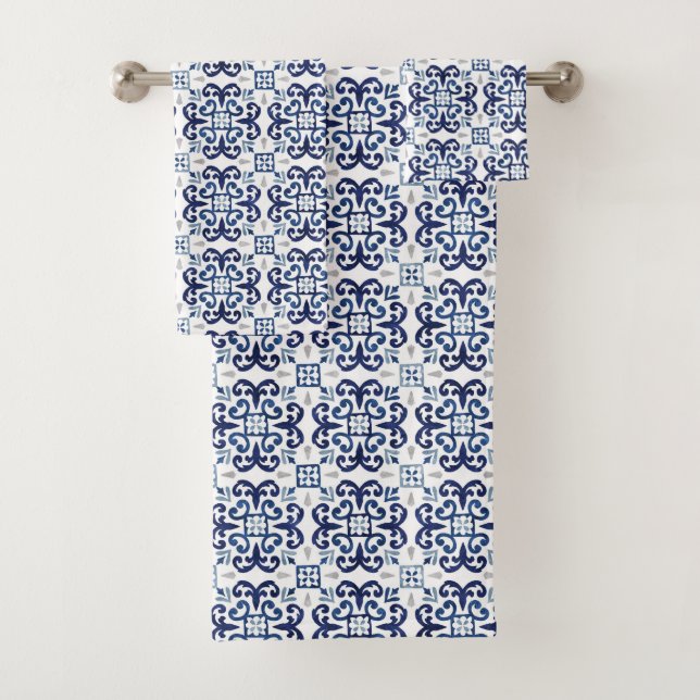 Conjunto De Toalhas Padrão de Azulejo de Marrocos azul e branco (Insitu)