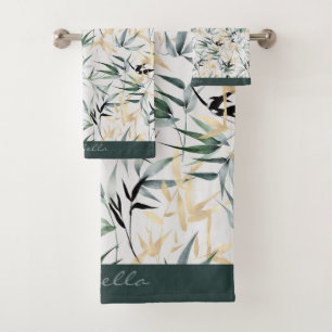 Conjunto De Toalhas Padrão de Bambu Verde Dourado com Aquarela Japones