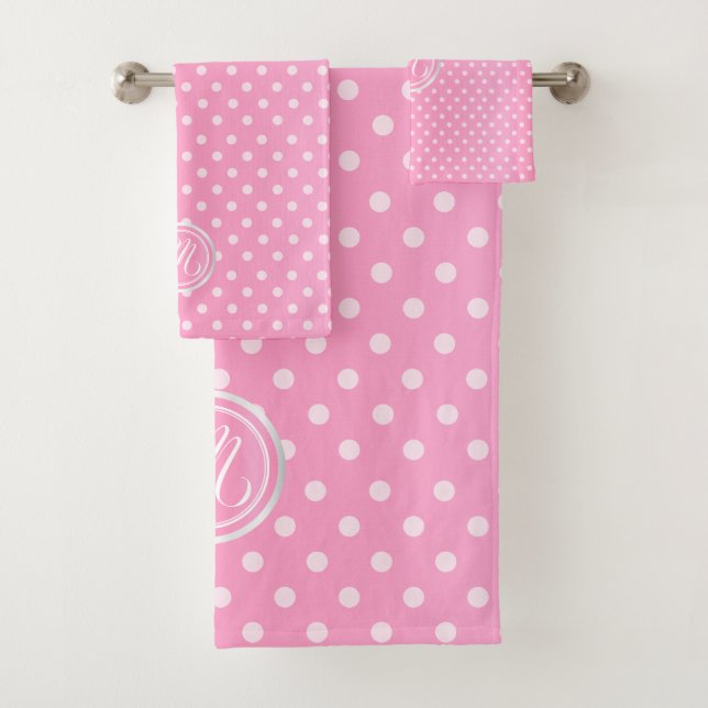 Conjunto De Toalhas Padrão de Bolinhas Rosa Monograma (Insitu)
