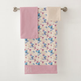 Conjunto De Toalhas Padrão de borboleta azul rosa em aquarela nome 