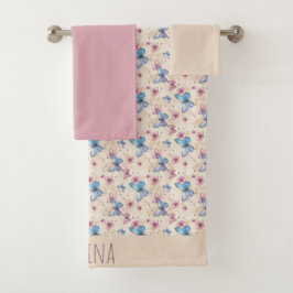 Conjunto De Toalhas Padrão de borboleta azul rosa em aquarela nome 