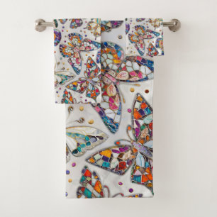 Conjunto De Toalhas Padrão de borboleta Mosaica colorida em pérola