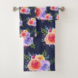 Conjunto De Toalhas Padrão de Buquê Floral de Rosas de Aquarela Modern