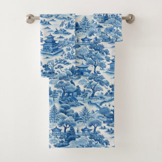 Conjunto De Toalhas Padrão de chinoiserie azul e branca
