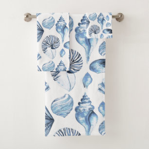 Conjunto De Toalhas Padrão de Conchas Azuis em Branco