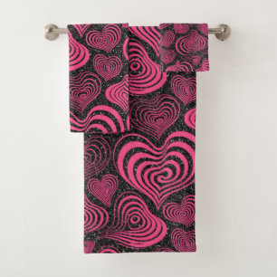 Conjunto De Toalhas Padrão de Coração Abstrato Preto Rosa Glam
