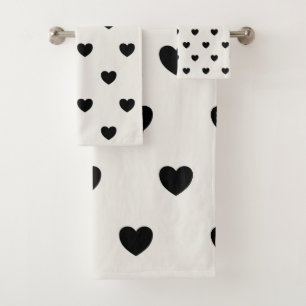 Conjunto De Toalhas Padrão de Coração Branco e Preto Simples e Bonito