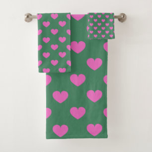 Conjunto De Toalhas Padrão de Coração Rosa e Verde Simples e Fofo