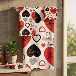 Conjunto De Toalhas Padrão de Corações de Amor Vermelhos e Pretos Eleg