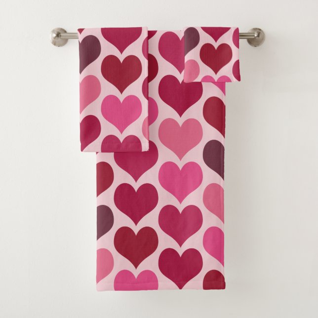 Conjunto De Toalhas Padrão de Corações Rosa e Vermelho (Insitu)