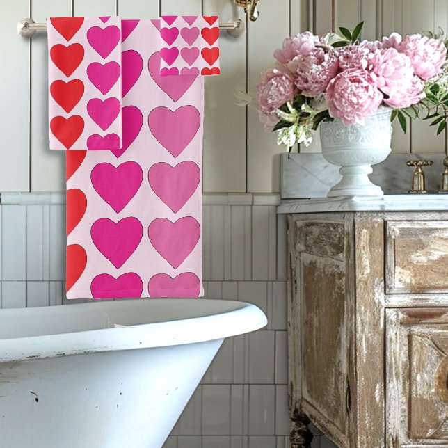 Conjunto De Toalhas Padrão de Corações Rosa Vermelho Fuchsia Divertido (Criador carregado)