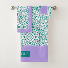 Conjunto De Toalhas Padrão de damasco branco azul-esverdeado bordas ro