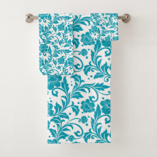 Conjunto De Toalhas Padrão de damasco floral turquesa e branco