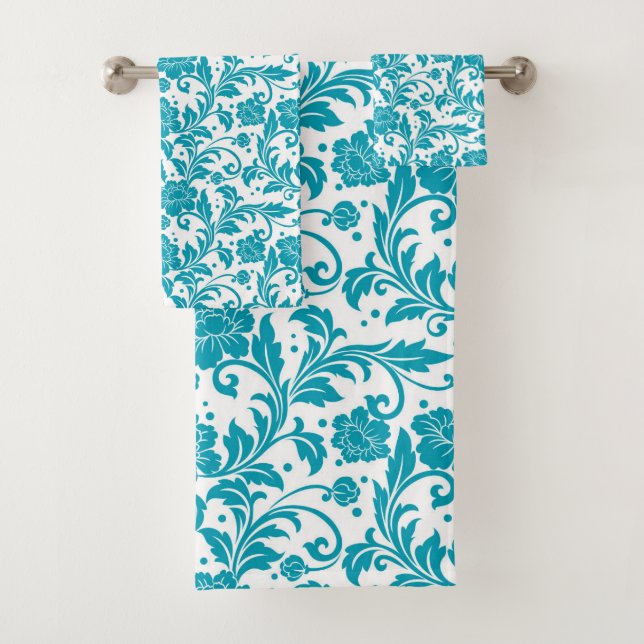 Conjunto De Toalhas Padrão de damasco floral turquesa e branco (Insitu)