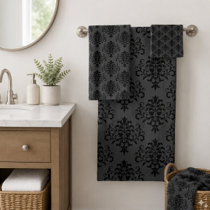 Conjunto De Toalhas Padrão de Damasco Preto Cinza Gótico Moderno
