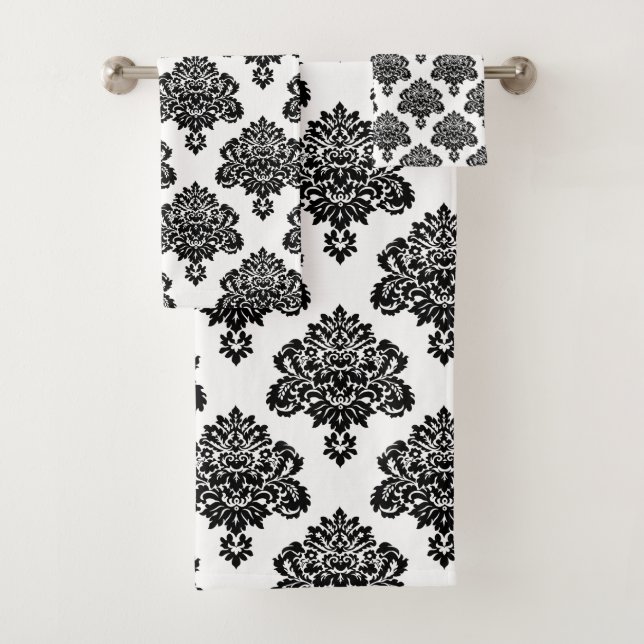 Conjunto De Toalhas Padrão de Damasco Preto e Branco Elegante (Insitu)