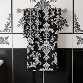 Conjunto De Toalhas Padrão de Damasco Preto e Branco Vitoriano