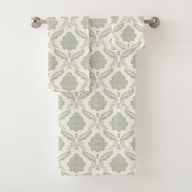 Conjunto De Toalhas Padrão de Damasco Rococó Verde sobre Creme (Insitu)