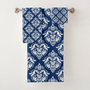 Conjunto De Toalhas Padrão de Damascos Brancos - Marinho Azul Fundo
