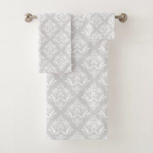 Conjunto De Toalhas Padrão de damascos florais branco e cinza claro