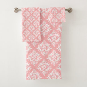 Conjunto De Toalhas Padrão de Damascos Florais Branco e Rosa