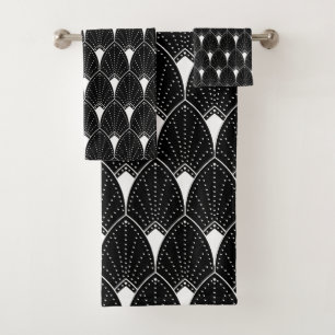 Conjunto De Toalhas Padrão de Deco de Arte Branca em Fundo Preto