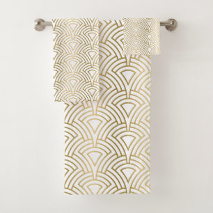 Conjunto De Toalhas Padrão de Deco de Arte Dourada e branca
