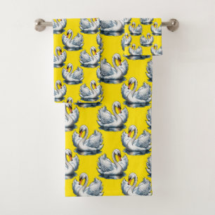 Conjunto De Toalhas Padrão de desenho de aves cisnes em amarelo