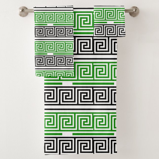 Conjunto De Toalhas Padrão de Design de Fret Key Grego Preto Verde Bra (Criador carregado)