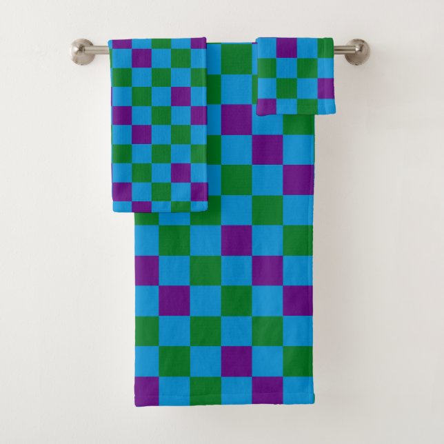 Conjunto De Toalhas Padrão de Design Xadrez Azul Verde Roxo (Insitu)