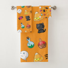 Conjunto De Toalhas Padrão de Dia das Bruxas Bonito com fundo laranja