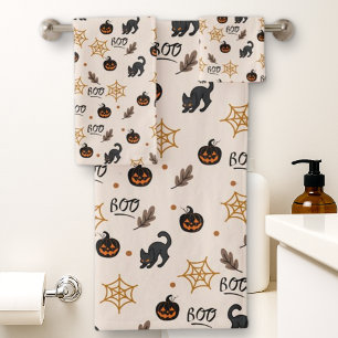 Conjunto De Toalhas Padrão de Dia das Bruxas de Abóbora de Gato Preto
