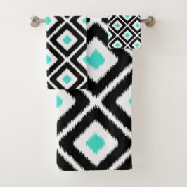 Conjunto De Toalhas Padrão de Diamante de Ikat Branco, Turquesa