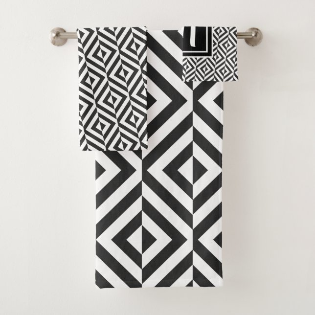 Conjunto De Toalhas Padrão de Diamante Preto e Branco Monogram (Insitu)