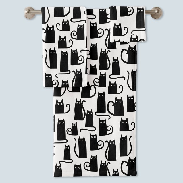 Conjunto De Toalhas Padrão de diversão de gato preto preto e branco (Black cat pattern monochrome black and white fun bath hand and face towel set)