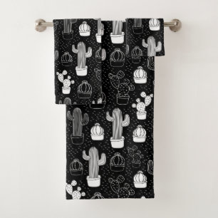 Conjunto De Toalhas Padrão de Doodle do Cactus Preto e Branco