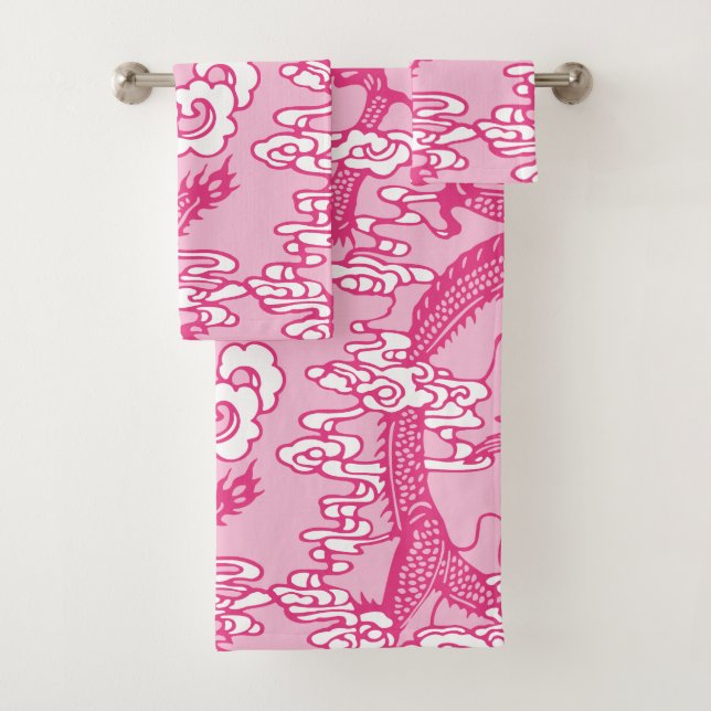 Conjunto De Toalhas Padrão de Dragão Chinês Rosa (Insitu)