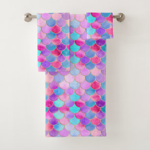 Conjunto De Toalhas Padrão de escala de Sereia Rosa, Roxo e Aqua